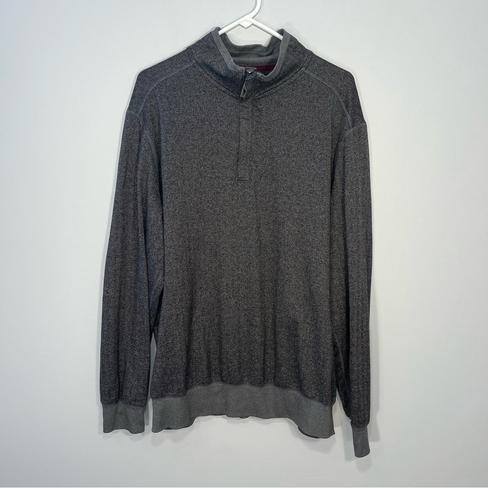 Tommy Bahama Sweater Mens Large Gray Chevron Knit Quarter Zip Stretch Mock Neck